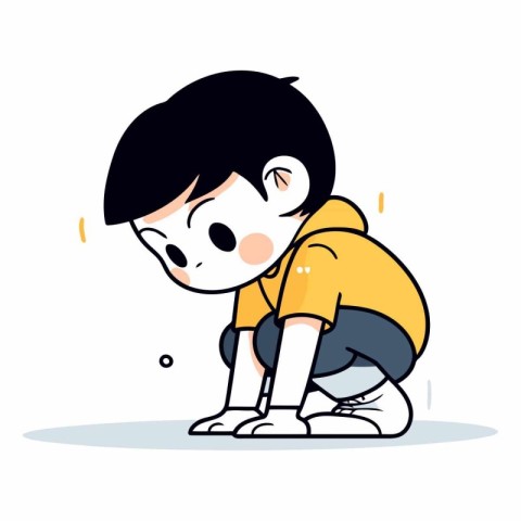 Little boy kneeling down and looking at something. Cute cartoon