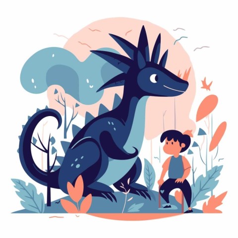 Vector illustration of a boy with a dragon in the forest. Cartoo