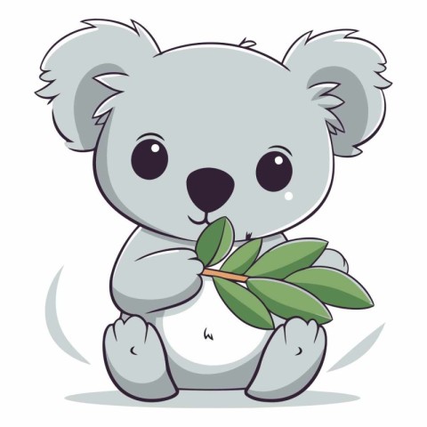 Cute koala holding a green leaf. Vector cartoon illustration.