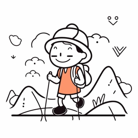 Vector illustration of a boy with a backpack and a hat hiking.