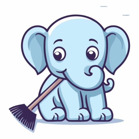 Cute Cartoon Elephant Cleaning the Floor with a Broom Vector Ill