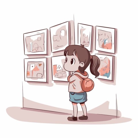 Illustration of a little girl looking at pictures in the art gal