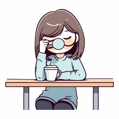 Girl with magnifying glass and cup of coffee.