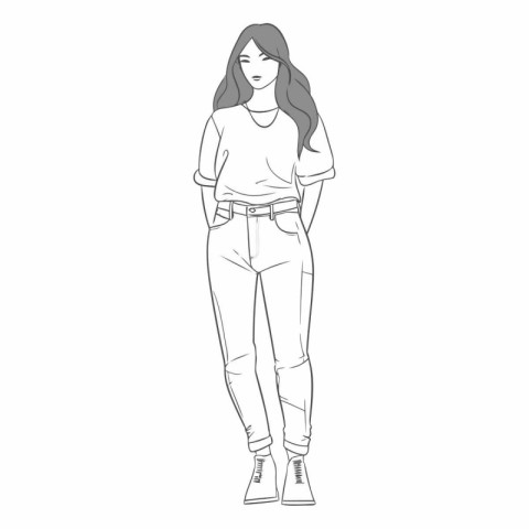 Fashion girl sketch of a beautiful young girl in casual clothes.