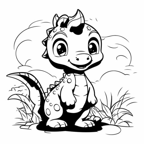 Black and White Cartoon Illustration of Cute Dinosaur Animal Cha