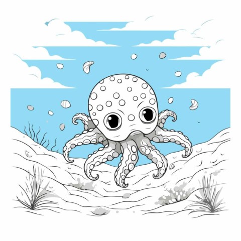 Cute octopus on the beach in cartoon style.