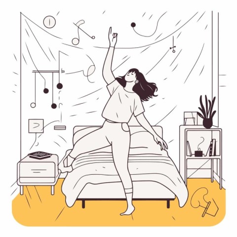 Girl dancing on the bed in the morning in cartoon style.