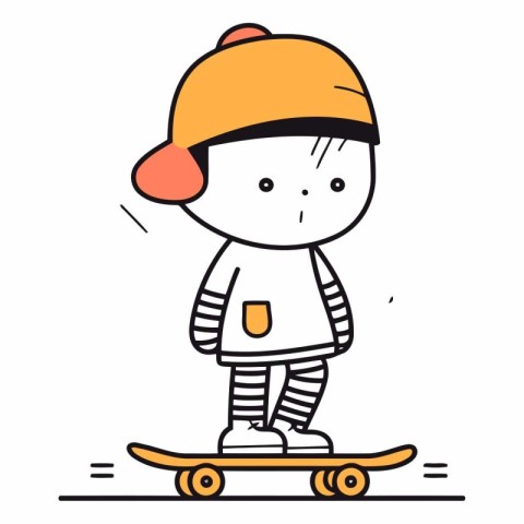 Cute cartoon boy in winter clothes riding a skateboard.