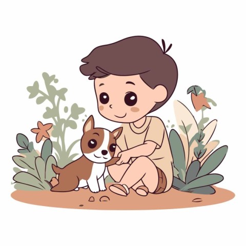 Cute little boy playing with his dog in the garden.