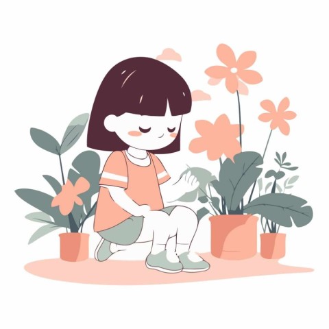 Cute little girl sitting on the floor with flowers in pot.