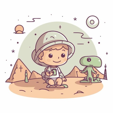 Cute little boy playing with dinosaur in the desert