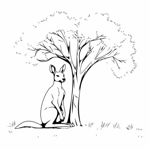 Kangaroo sitting under a tree. Hand drawn vector illustration.