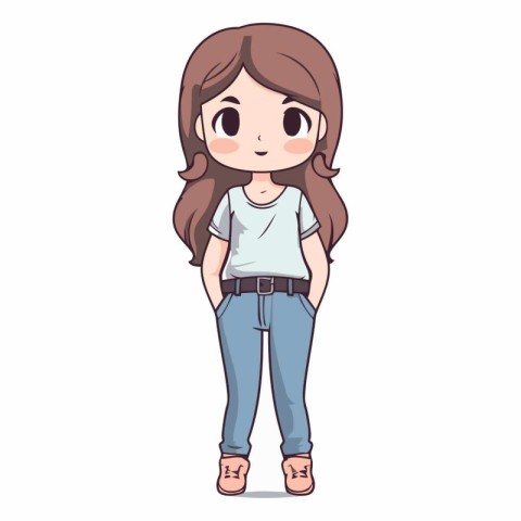 Cute little girl in casual clothes in cartoon style.