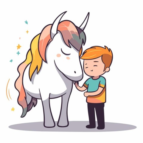 Little boy and white unicorn in a flat style.