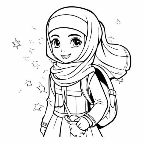 Cute little muslim girl in hijab for coloring book.