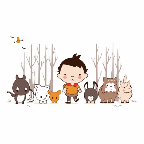 cute little boy with animals in the forest design