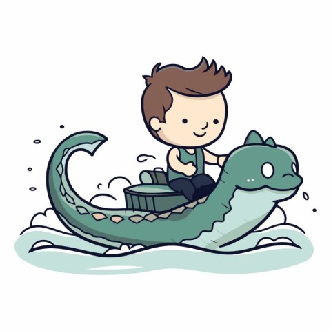 Boy riding a dragon boat isolated on white background.