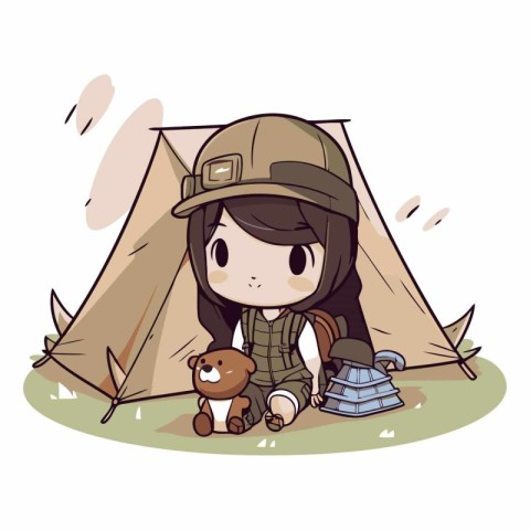 Illustration of a Cute Girl Wearing a WW2 Hat and a Tent