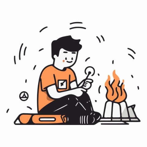 Man sitting near bonfire and cooking food. Hand drawn vector ill