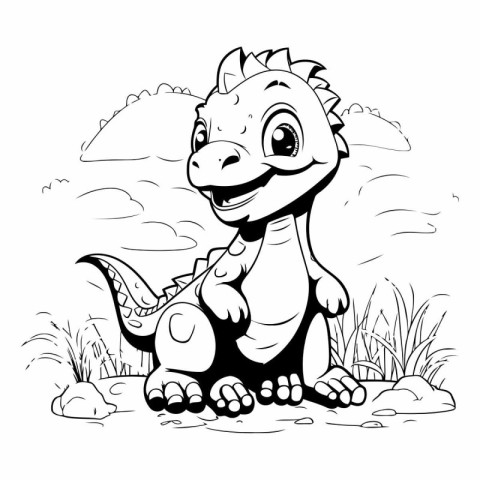 cute cartoon dinosaur sitting on the ground. black and white ill