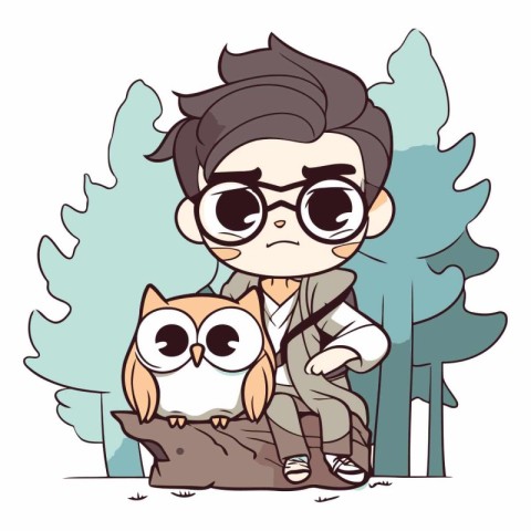 Hipster boy with owl in cartoon style.