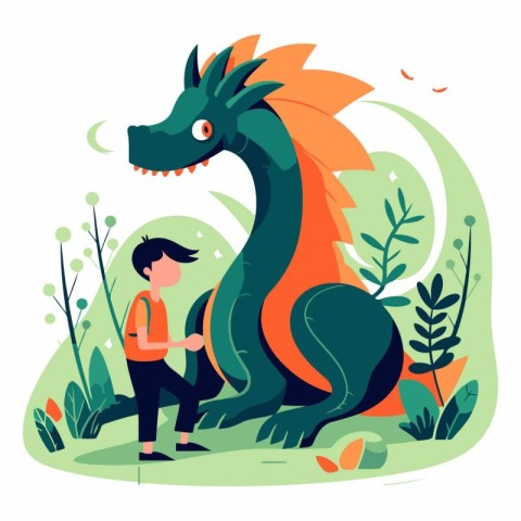 Vector illustration of a boy playing with a dragon in the park.