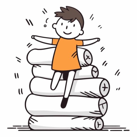 Happy boy jumping on stack of books. Hand drawn vector illustrat