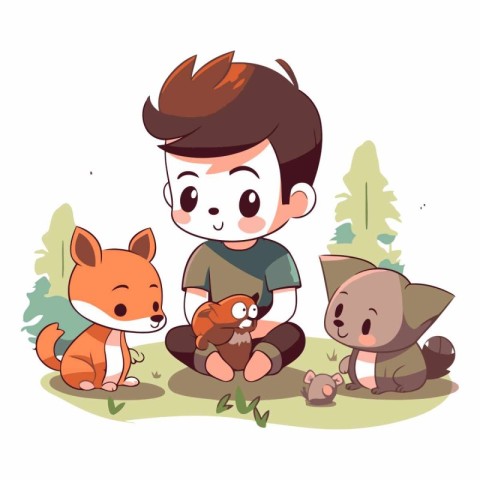 Little boy playing with his little animals in the park