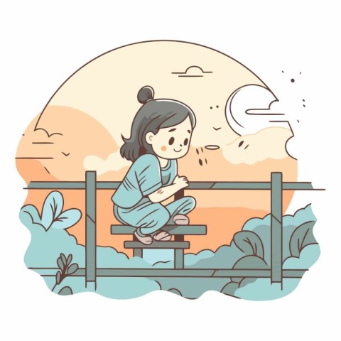 Illustration of a Girl Sitting on a Bench in the Park.