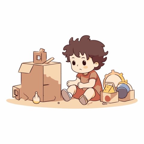 Cute little boy playing with cardboard boxes. Vector cartoon ill