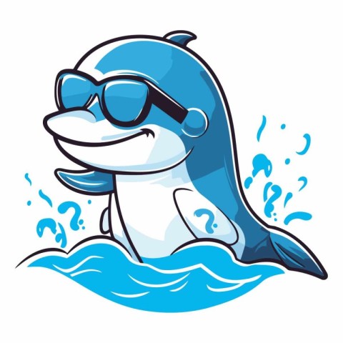 Cartoon dolphin in sunglasses swimming in the sea.