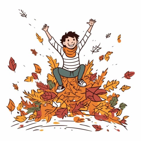 Happy young man sitting on autumn leaves. Hand drawn vector illu