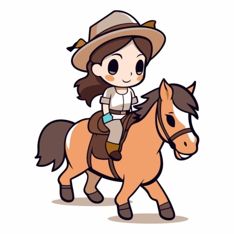 Illustration of a Cute Girl Wearing Cowboy Costume and Riding a