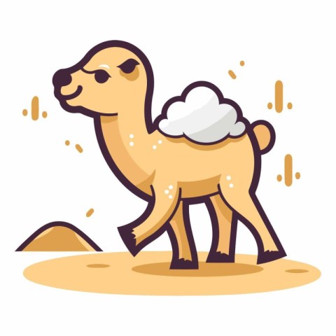 Cute camel standing on sand in cartoon style.