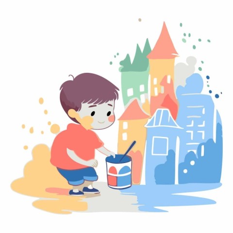 Cute little boy painting a castle in cartoon style.