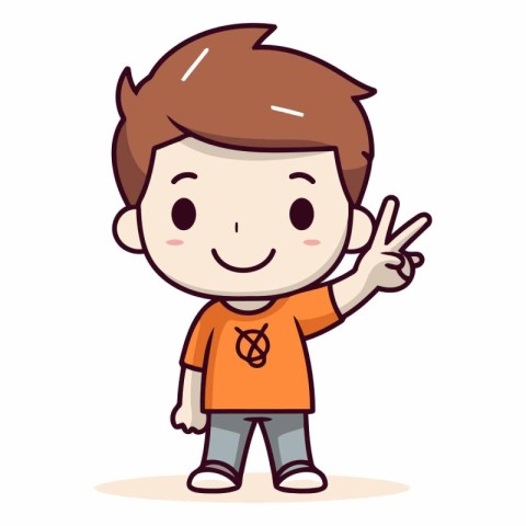 Boy showing peace hand sign with two fingers. Cute cartoon vecto