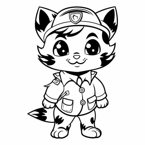 Black and White Cartoon Illustration of Cute Wildcat Animal Char