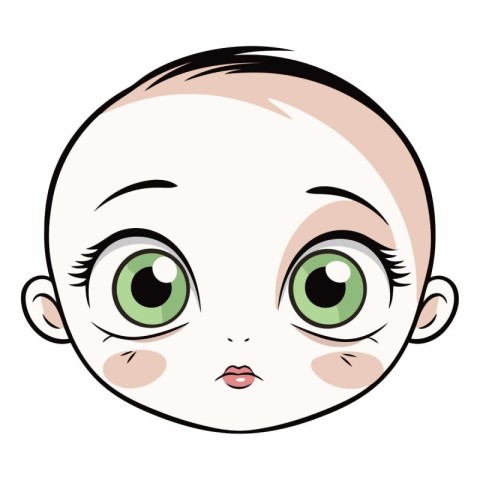 Cute baby face with green eyes on white background.