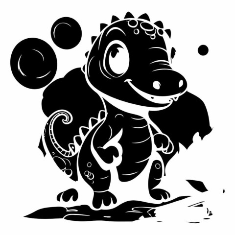 Cute Dinosaur with Bubbles - Black and White Cartoon Illustratio