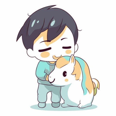 Cute little boy hugging a horse of a cartoon style.