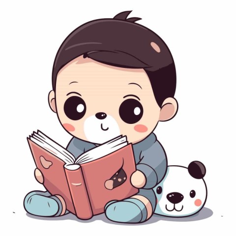 Cute little boy reading a book and panda bear on the background