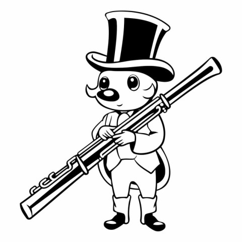 leprechaun playing clarinet - black and white vector illustratio