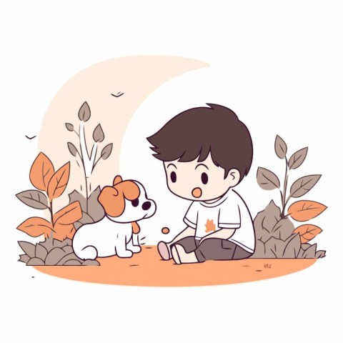 Boy playing with dog in the park. Cute vector illustration.