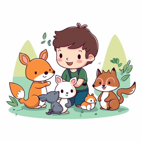 Cute little boy playing with foxes in the park.