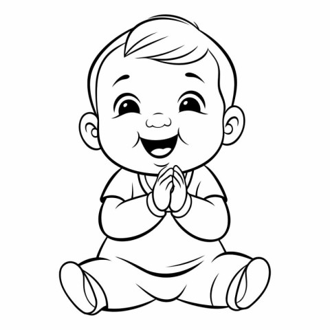 Cute Baby Boy Sitting - Black and White Cartoon Illustration. Ve