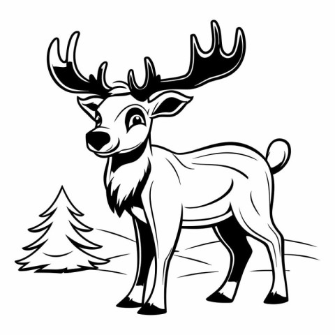 Deer with big antlers. black and white vector illustration.