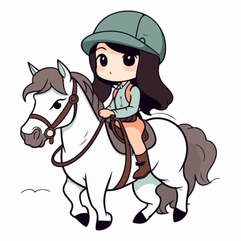 Cute girl riding a horse on white background.