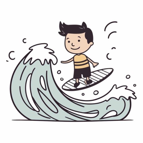 Boy surfing on a wave in doodle style