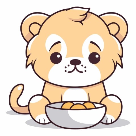 Cute cartoon lion sitting next to a bowl of oatmeal.