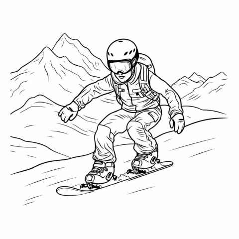 Snowboarder. Black and white vector illustration for coloring bo